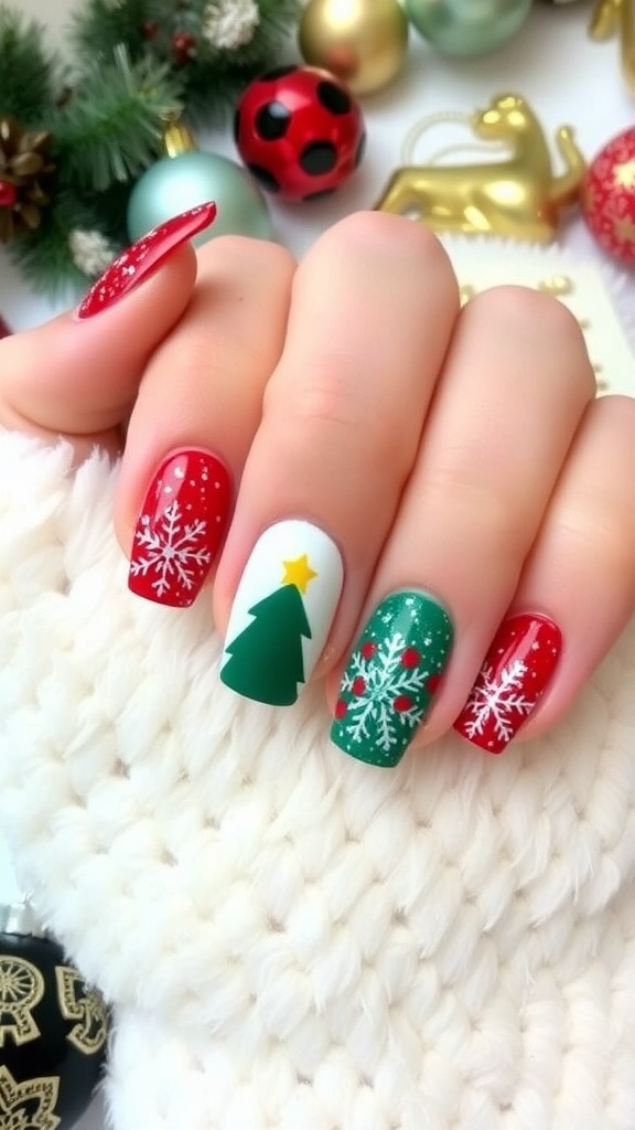 Festive Short Oval Christmas Nail Designs Short oval Christmas nails with festive designs in red, green, and white, featuring snowflakes and glitter.